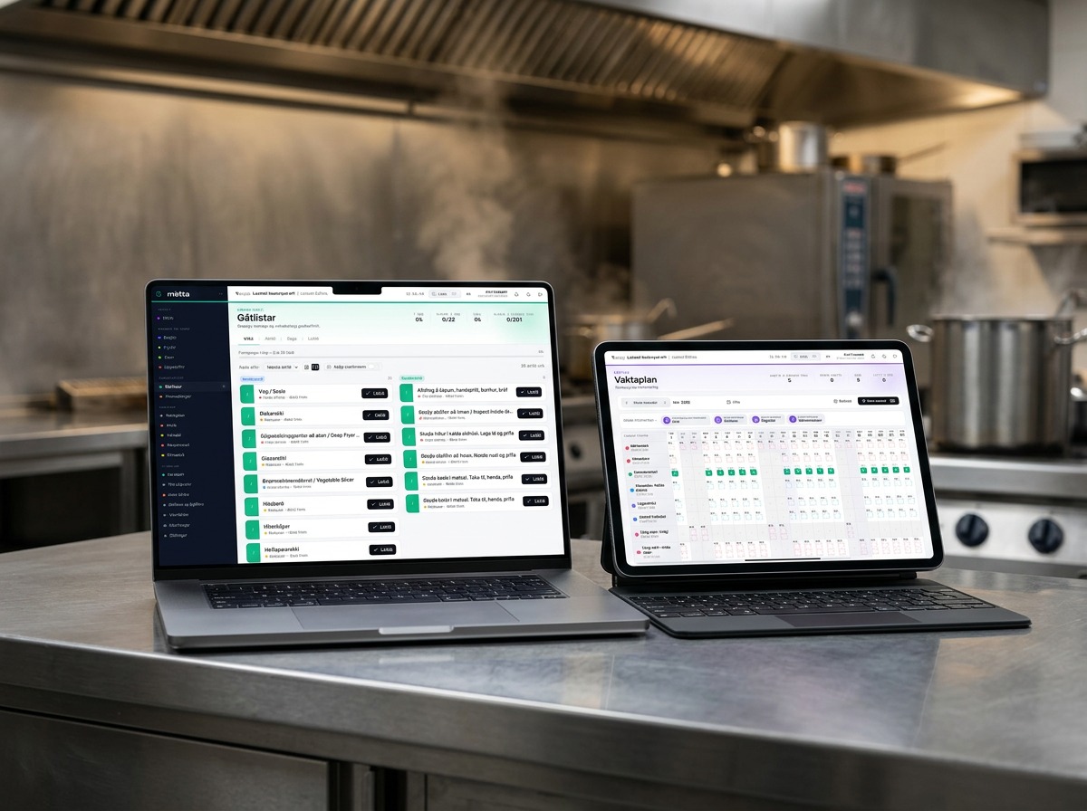 Metta rekstrarkerfi á fartölvu og spjaldtölvu í eldhúsi