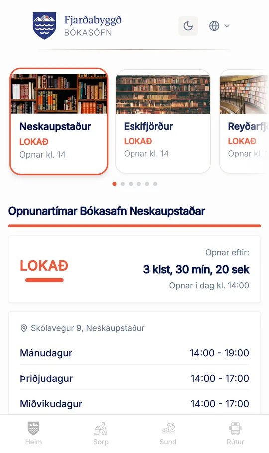 Bókasöfn í Fjarðabyggðarappinu: opnunartímar safnanna