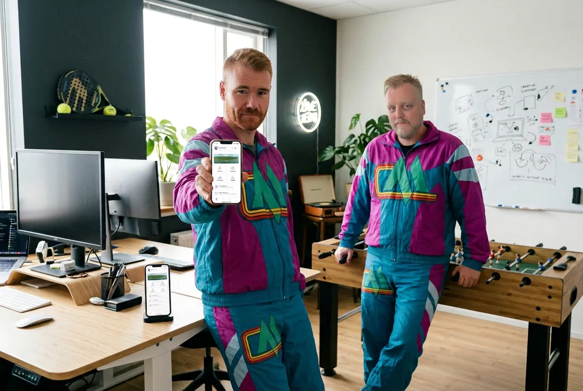 Heimir Arnfinnsson og Árni Már Valmundarson á skrifstofu Markaðsdeildarinnar, Heimir sýnir Fjarðabyggðarappið í síma