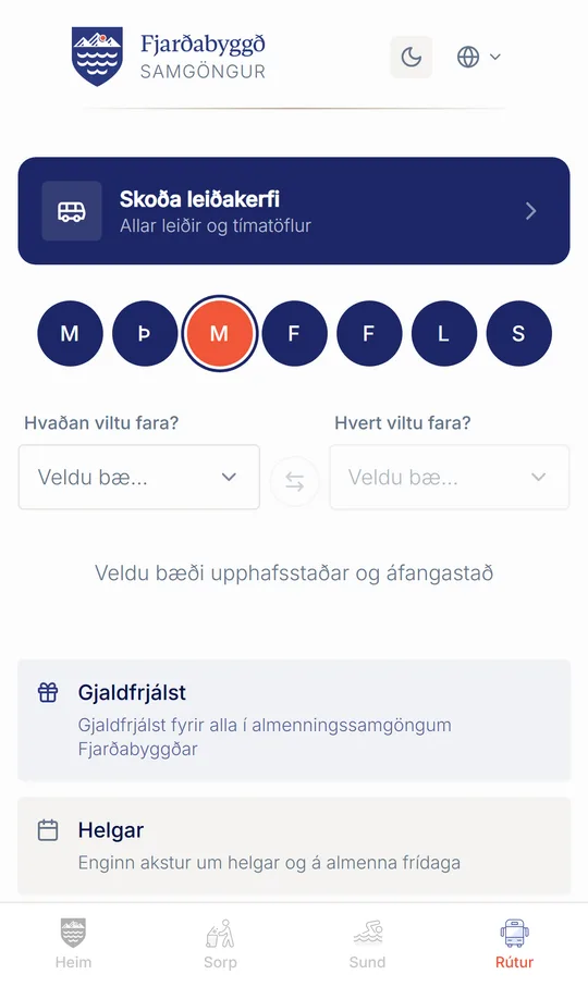 Samgöngur í Fjarðabyggðarappinu: brottfararstaður, áfangastaður og næstu ferðir