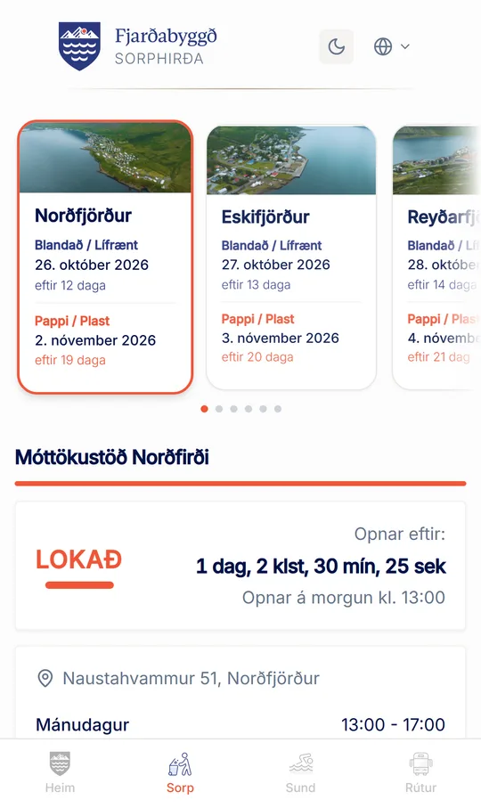Sorphirða í Fjarðabyggðarappinu: næstu losunardagar eftir bæjarkjarna